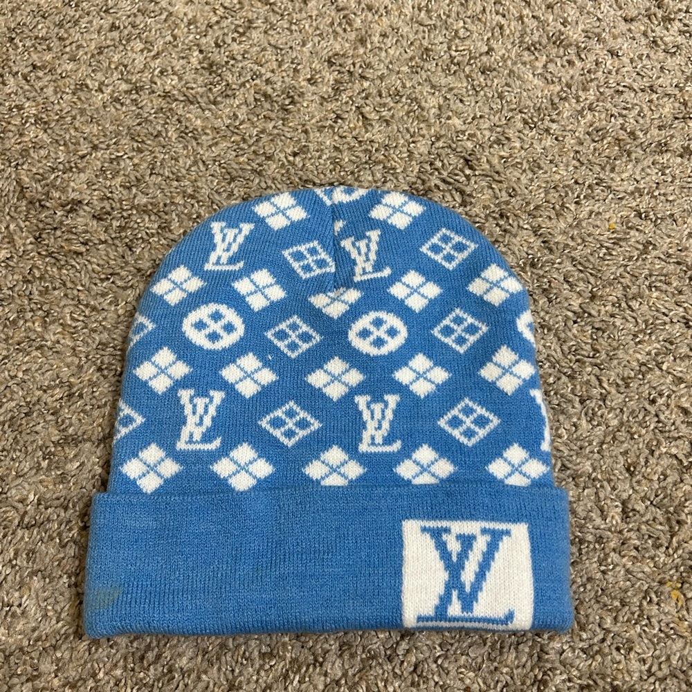 Fashion Designer Blue & White Monogram Knit Beanie Men's One Size Travel Lux